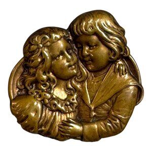Antique Victorian-Style Gold-Tone Brooch Brass Cherub Angel Children Art Deco